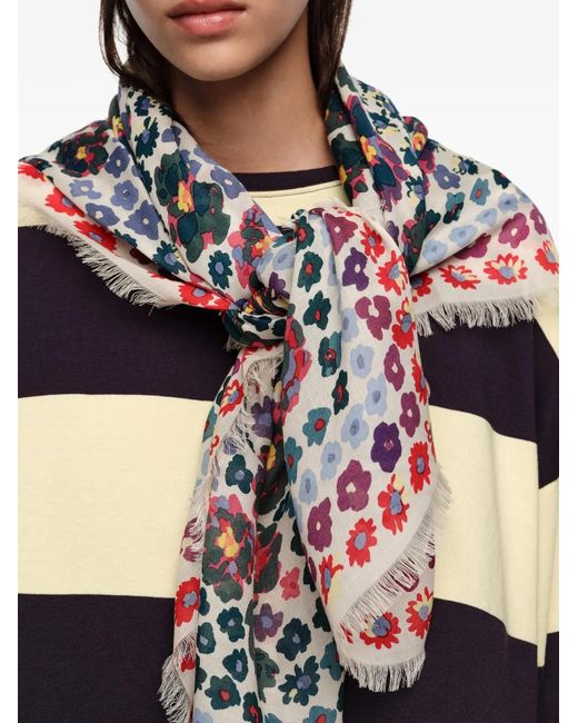 Bimba Y Lola Gray Floral Fringed Scarf
