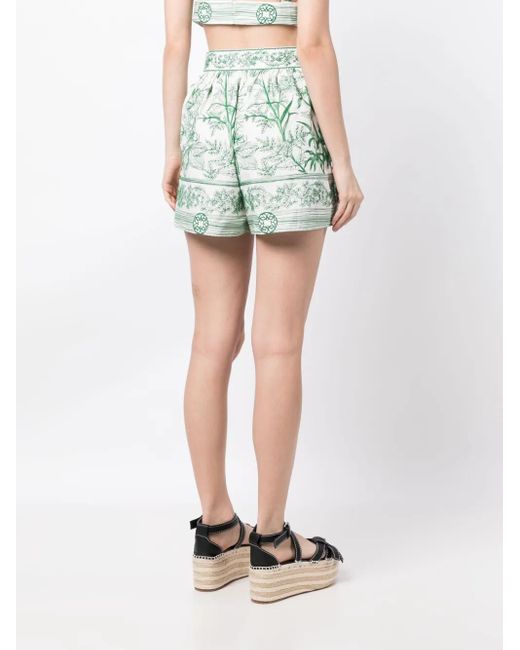 Elie Saab Green Floral-Print High-Waist Shorts