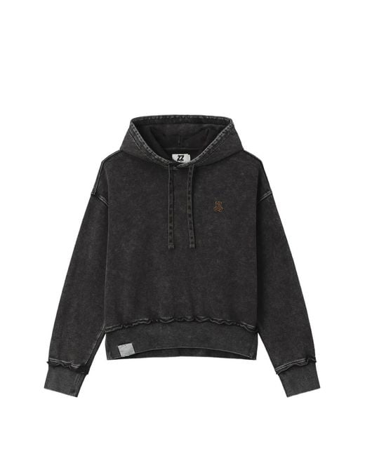 Izzue Black Acid-Wash Bear-Motif Hoodie