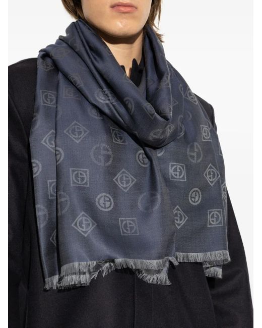 Giorgio Armani Blue Logo-Pattern Jacquard Scarf for men
