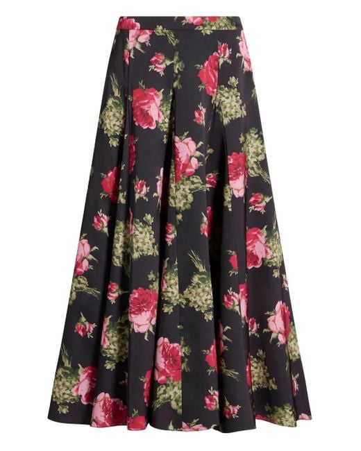 Cinq À Sept Red Baroque Roses Hilda Satin Midi Skirt