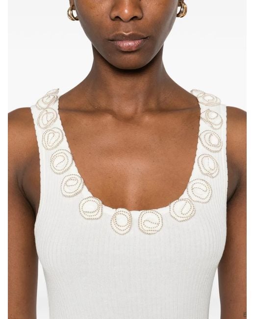 Sandro White Ribbed Knit Top With Beaded Roses