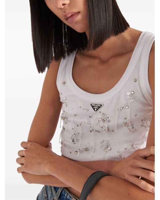 Prada White Crystal-embroidered Ribbed Tank Top