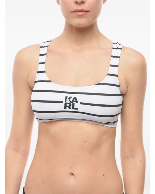 Karl Lagerfeld Blue Striped Logo-Print Bikini Top