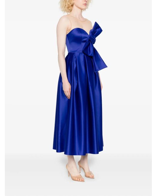 Nissa Blue Bow-Detail Mesh-Insert Midi Cocktail Dress