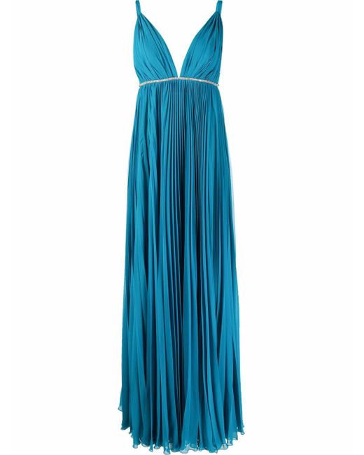 Tassos Mitropoulos Blue Pleated Sleeveless Gown