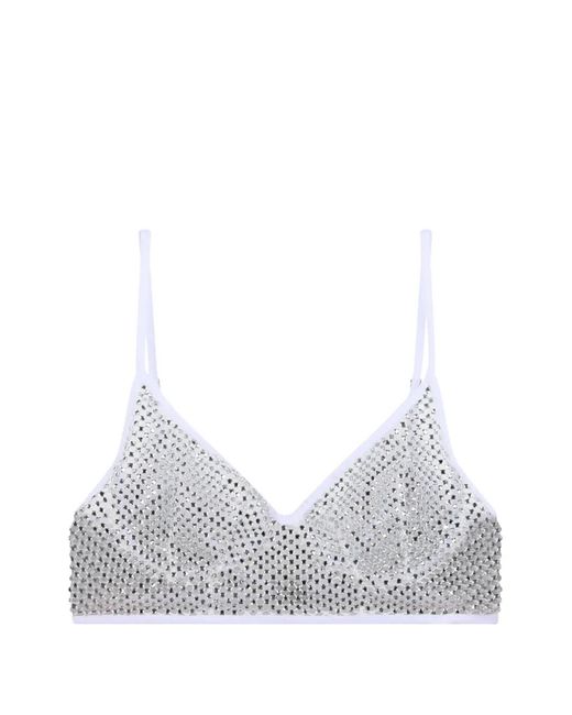 Genny White Crystal-Embellished Mesh Top
