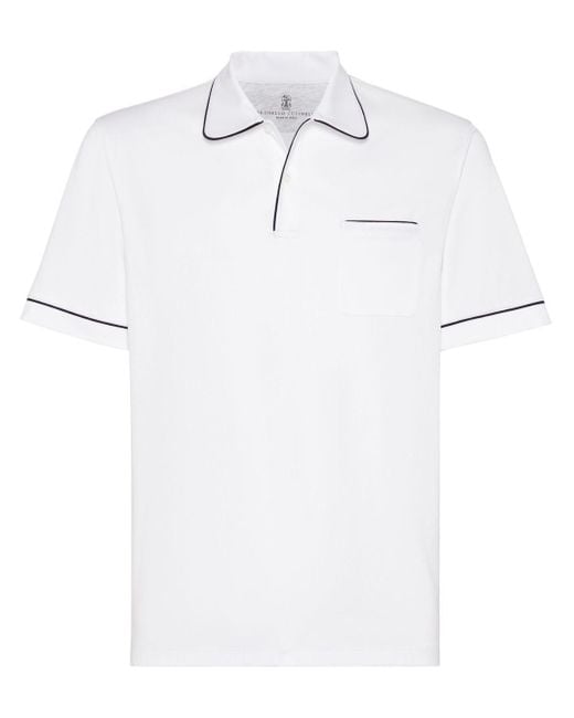 Brunello Cucinelli White Stripe-trim Cotton Polo Shirt for men