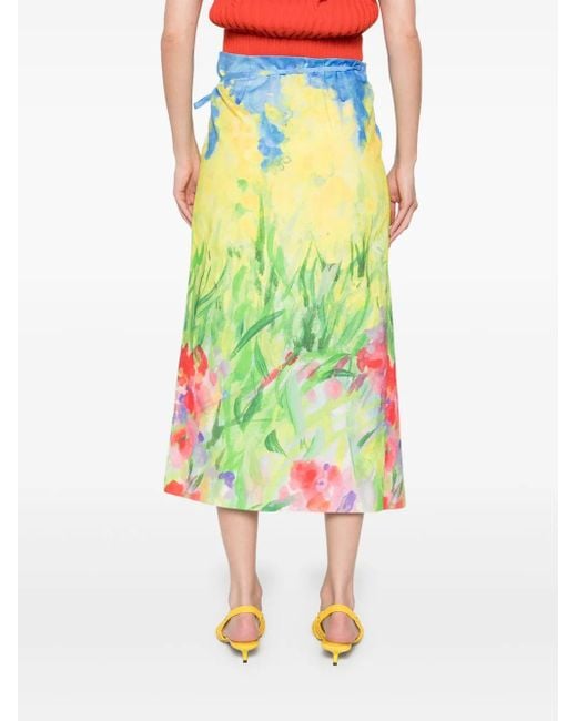MSGM Green Floral-Print Midi Skirt