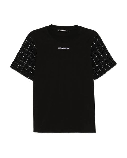 Karl Lagerfeld Black Logo-Embroidered Bouclé T-Shirt