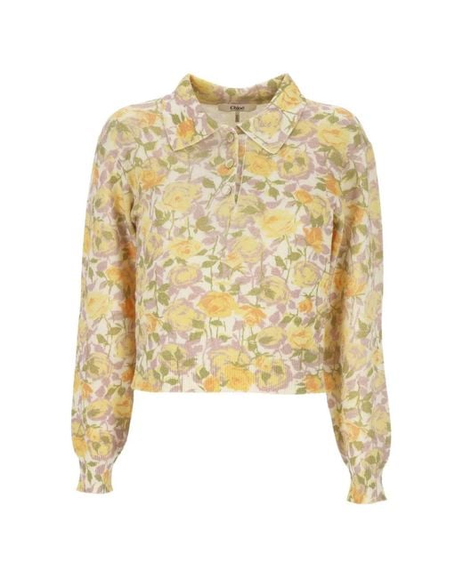 Chloé Metallic Floral-Print Polo-Collar Sweater
