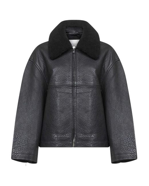 Studio Nicholson Black Erie Shearling-collar Zip-up Leather Coat