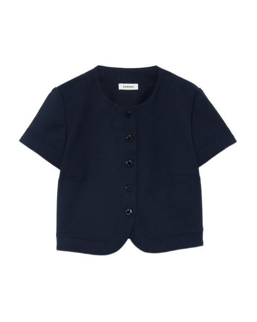 Sandro Blue Button-Fastening Short-Sleeve Top