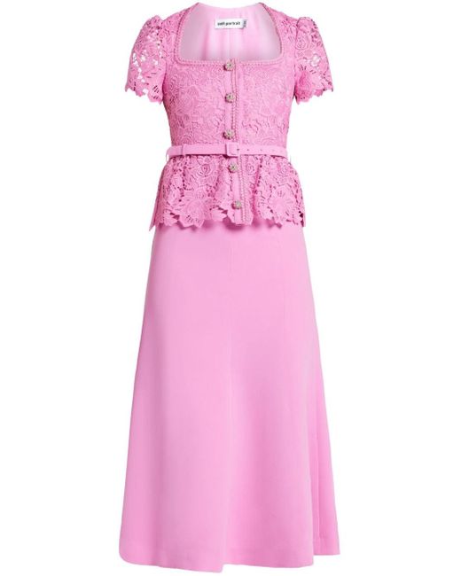 Self-Portrait Pink Floral-lace Belted Midi Dress