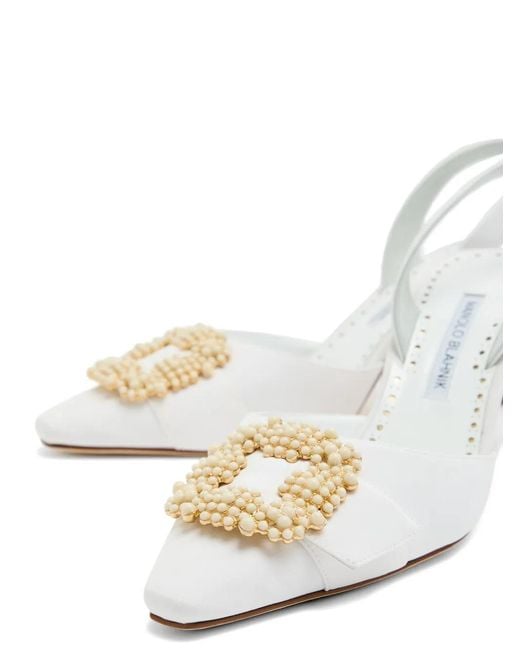 Manolo Blahnik White Gibsli Pearl-Buckle Slingback Heeled Pumps
