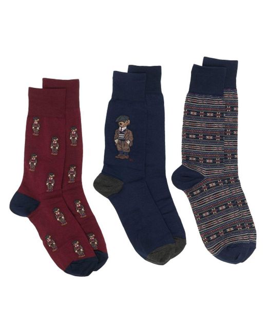 Polo Ralph Lauren Cotton Three-pack Polo Bear Ankle Socks in Blue for