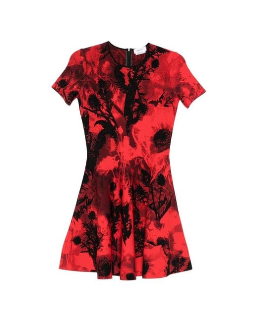 McQueen Red Robe Courte À Col Rond Et Ourlet Évasé