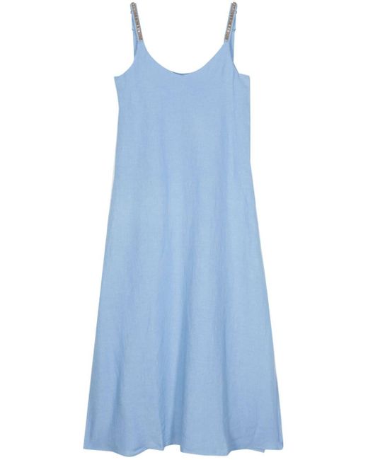 120% Lino Blue Rhinestone-embellished Midi Dress