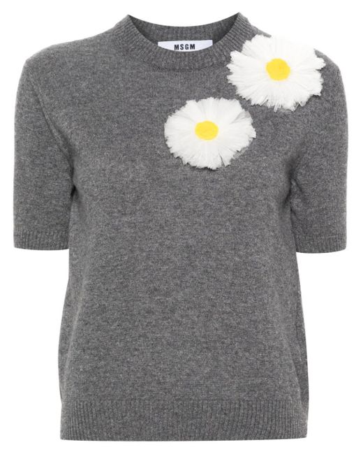 MSGM Gray Floral-appliqué Knitted Top