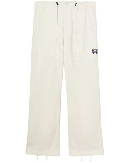 Needles White Butterfly-embroidered Cotton Trousers for men