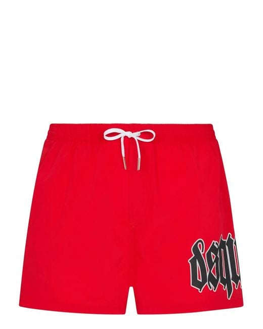 DSquared² Red Logo-Print Swim Shorts for men