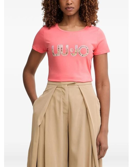 Liu Jo Pink Rhinestone-Embellished T-Shirt