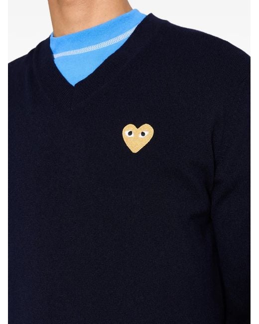 Comme des Garçons Blue Heart-Patch V-Neck Sweater for men
