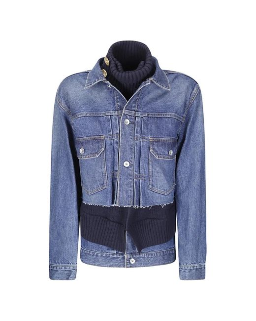 Sacai Blue Knit-Panel Raw-Edge Denim Jacket