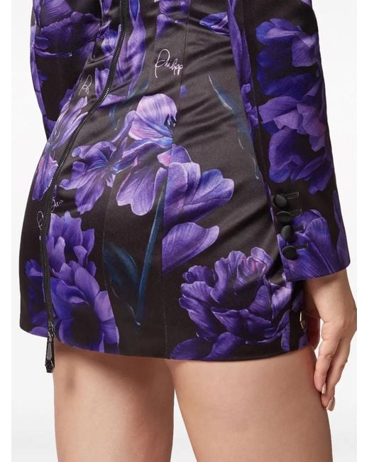 Philipp Plein Blue Duchesse Floral-Print Minidress