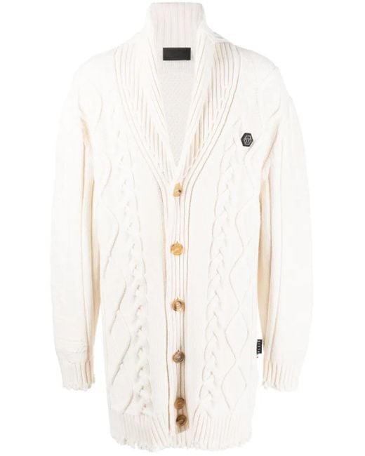メンズ Philipp Plein ダメージ ケーブルニット カーディガン White