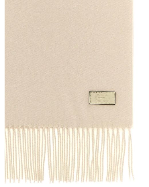 Agnona White Logo-Patch Frayed Scarf