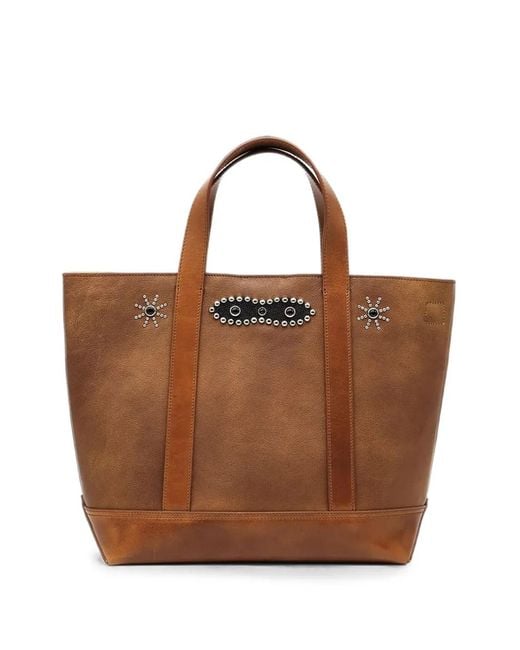 HTC Brown Small Stud-Embellished Leather Shopper Bag