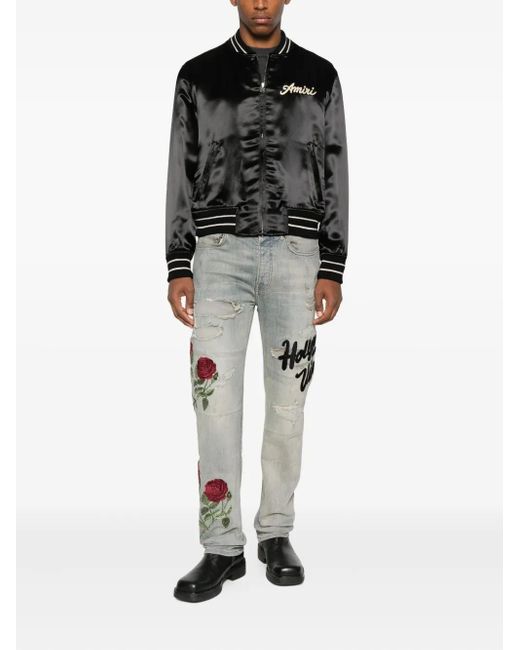 Amiri Gray Rose-Embroidered Distressed Jeans for men