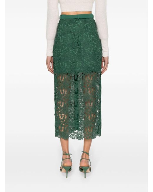 Falda midi de encaje floral Self-Portrait de color Green