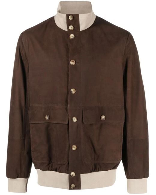 Brunello Cucinelli Brown Contrasting-Detail Suede Bomber Jacket for men