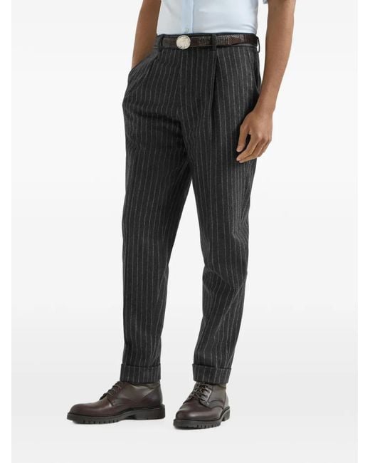 Brunello Cucinelli Black Virgin Wool And Cashmere Chalk Stripe Flannel Trousers With Pleat for men