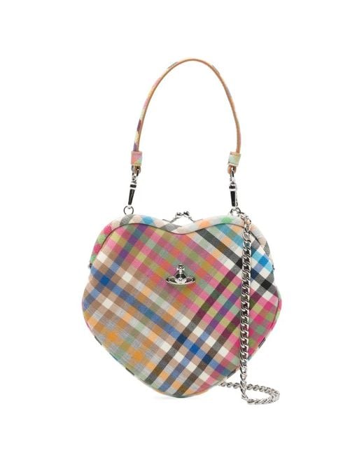 Vivienne Westwood White Belle Heart Checked Tote Bag