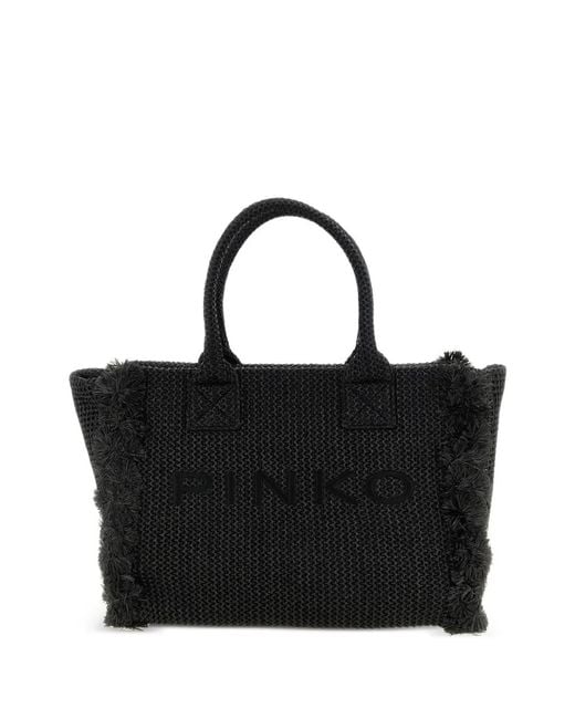 Pinko Black Fringed Raffia-Effect Tote Bag
