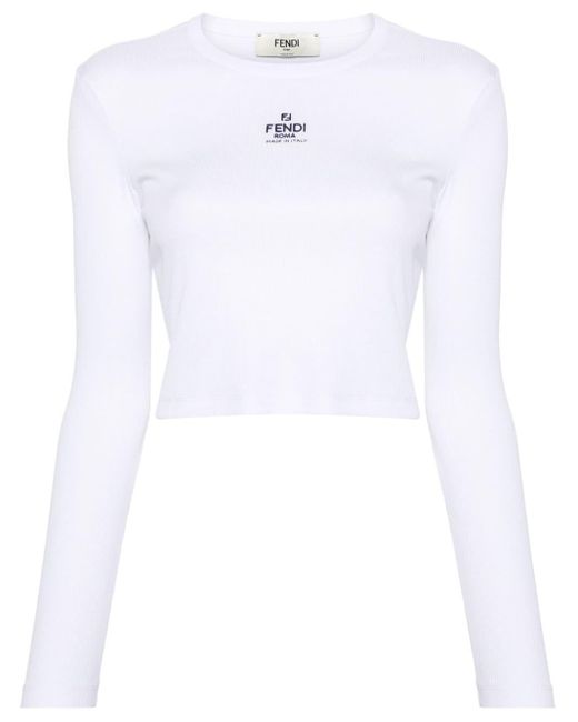Fendi White Logo-embroidered Ribbed T-shirt