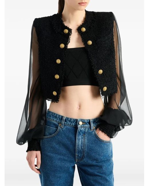 Balmain Black Cropped Tweed And Muslin Jacket