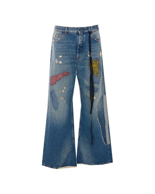 Ann Demeulemeester Blue Patchwork-Distressed Wide-Leg Jeans for men