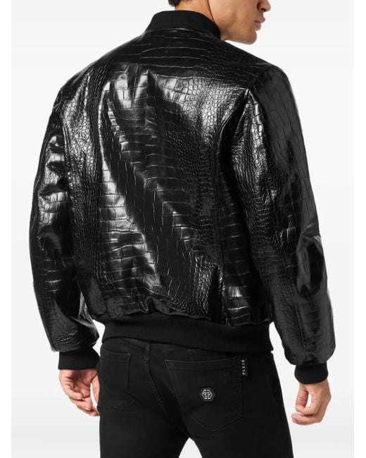 Philipp Plein Black Crocodile-Effect Leather Bomber Jacket for men