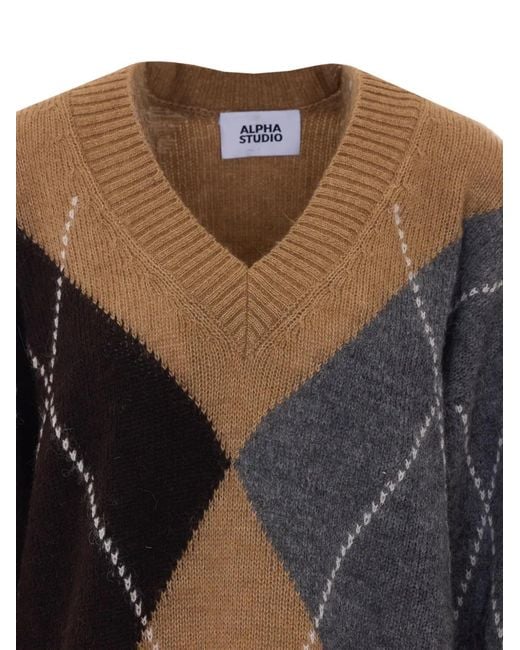 Alpha Studio Black Argyle Intarsia V-Neck Sweater