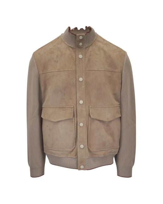 Canali Brown Suede-Panelled Bomber Jacket for men