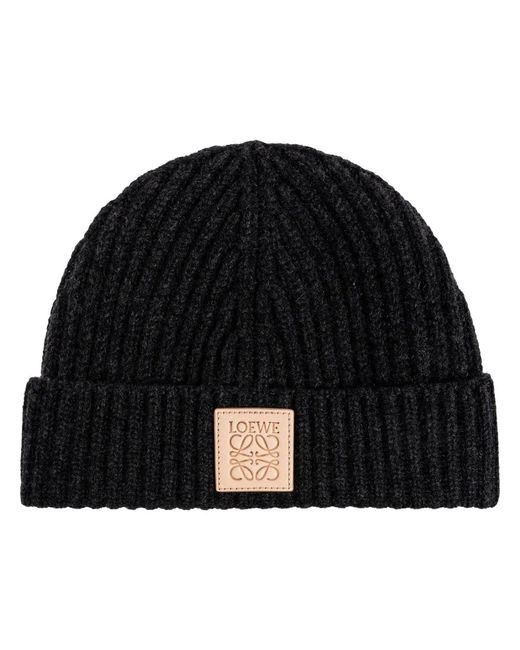 Loewe Black Ribbed Logo-Patch Beanie Hat
