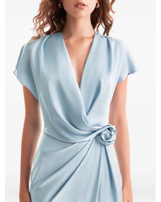 Gemy Maalouf Blue Draped V-Neck Flower Maxi Dress