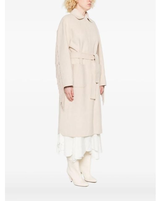 Maje Natural Fringe-Trimmed Belted Single-Breasted Coat