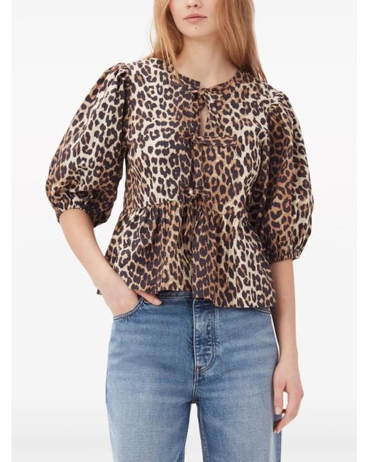 Ganni Brown Leopard-Print Organic-Cotton Blouse