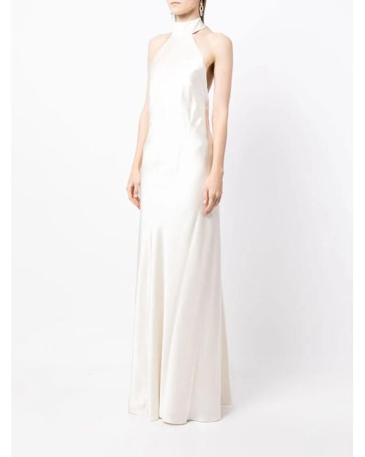 Michelle Mason White Backless Halter-Neck Tie Gown