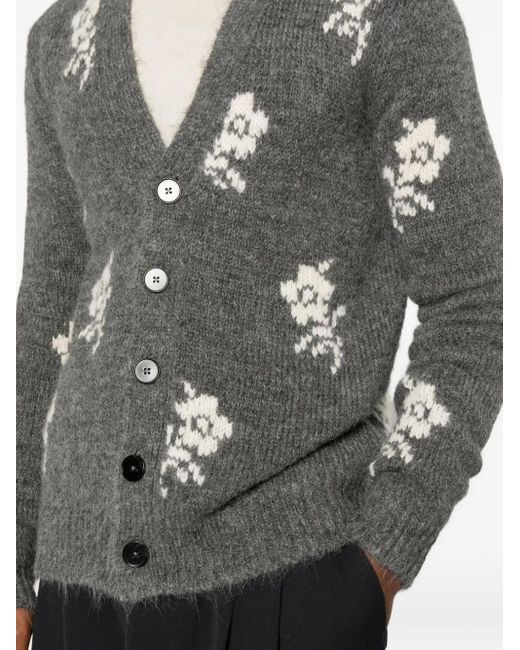Jil Sander Gray Floral-Intarsia V-Neck Cardigan for men